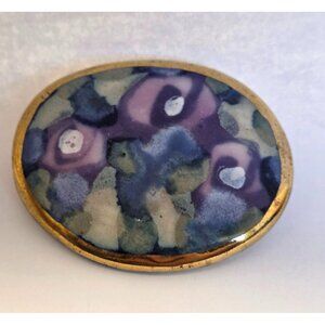 Vintage Purple Floral Ceramic Brooch With Gold-Tone Edge
